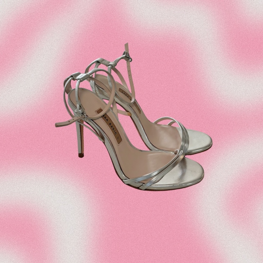 ZARA Basic Metallic Silver Strappy Heels - EU 37
